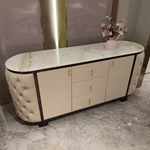 Oval Marble-Top Sideboard with Deep Button-Tufted Leather Panels and High-Gloss Lacquer Frame
